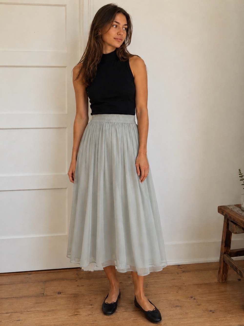 H&M Light Gray Midi Gathered Skirt